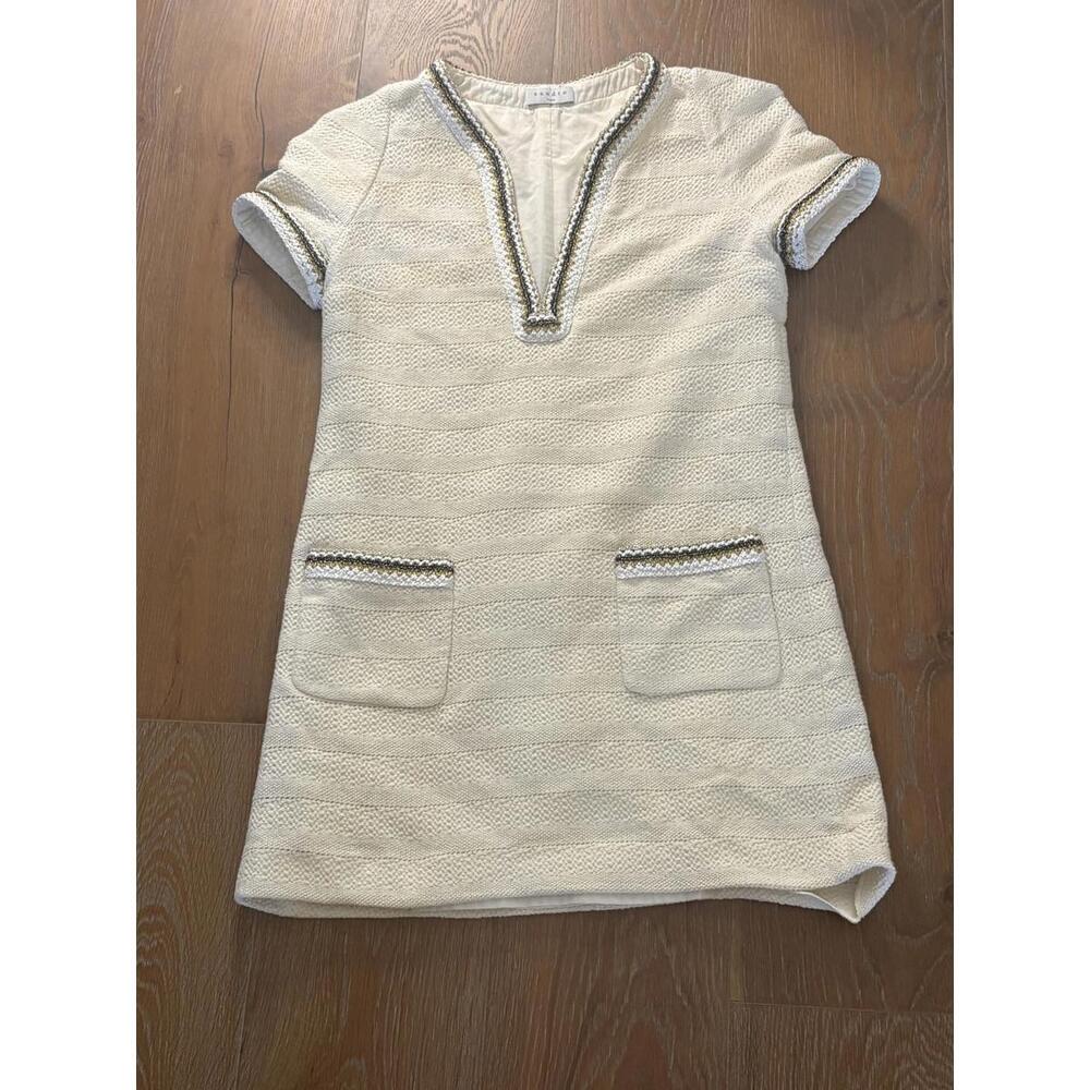 Sandro Paris Cream Textured Short Sleeve Dress with Pockets Chic Elegant Size S